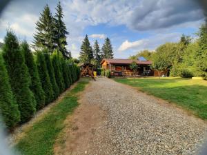 a gravel road leading to a log cabin at Ezüst fenyő vendégház in Borzont