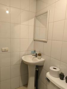 a white bathroom with a sink and a mirror at Cabaña Villa Reina Sofia in Valdivia