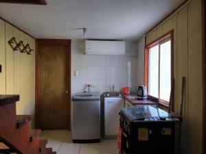a small kitchen with a sink and a dishwasher at Cabaña Villa Reina Sofia in Valdivia +8 photos