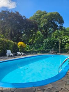 a blue swimming pool with trees in the background at Cabinas Nirvana in Cahuita