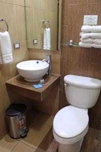 a bathroom with a white toilet and a sink at Terra Bella Hotel Boutique in San Salvador