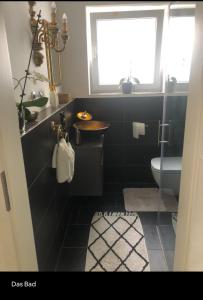 a bathroom with a sink and a toilet and a window at Apartment Ferienregion Bergstraße in Bickenbach