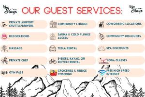 eine Reihe von Gästebetreuungsschildern und Zeichnungen von Bergen in der Unterkunft The Zen Den - Sauna Sleeps 15 & King Bed - Health Amenities in Sheridan