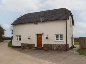 a white house with a brown door on a road at Cherryblossom Cottage in Winkleigh