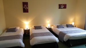 3 posti letto in una stanza con luci sul muro di Hôtel du Commerce a Ploeuc