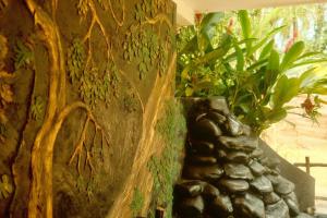 un vase en pierre avec une plante sur un mur dans l'établissement Nami Surf House, à Weligama 15 autres photos