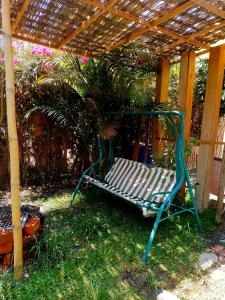 a bench sitting under a pergola in the grass at Bugambilia house in La Tinguiña