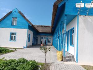 a blue and white building with a tree in front of it at Pensiune Agroturistica CASA LETEA in Letea