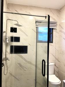 a bathroom with a glass shower with a toilet at Gorgeous 4 Bedrooms Single Family Home at Ibeju, Lekki Lagos in Lekki