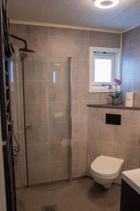 a bathroom with a shower and a toilet and a window at Alpinlandsbyen - Ski in - Ski out -Nr 34 in Hafjell +14 photos