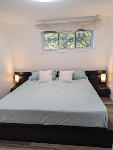 a bedroom with a bed with two pillows and a window at Lac et Montagne Eastman in Eastman