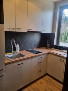 a kitchen with white cabinets and a sink and a window at Przystań in Rozalin