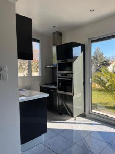 kuchnia z urządzeniami ze stali czarnej i nierdzewnej w obiekcie Villa climatisé avec piscine et jacuzzi w mieście Carpentras