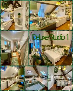 eine Collage aus vier Bildern eines Wohnzimmers in der Unterkunft Studios with Mezzanine Rua da Moeda in Lissabon