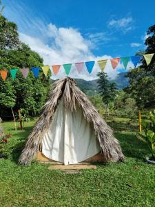 a tent in the grass with a flag at Rancho Porvenir in Mocoa