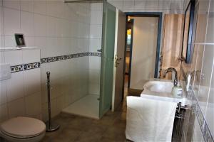 ein Badezimmer mit Dusche, Toilette und Waschbecken in der Unterkunft Haus Halligblick, Ferienwohnungen am Wattenmeer, WhgHooge in Dagebüll + 14 Fotos