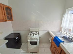 een keuken met een fornuis en een spoelbak bij Barry's Rooms Negril in Negril +76 foto's