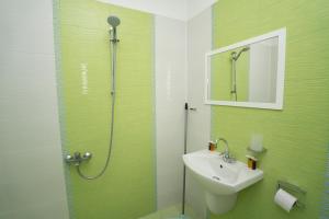 Un baño verde con lavabo y ducha. en Guest house Traikovi, en Petrich 64 fotos más