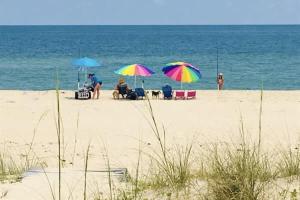 a group of people sitting under umbrellas on the beach at Beachfront Coastal Cottage St George Island in St. George Island