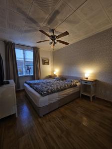 a bedroom with a bed and a ceiling fan at Ferienhaus Luise, Kalles Ferienwohnung in Rörvik