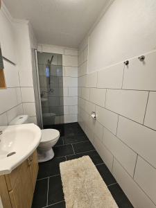 a bathroom with a sink and a toilet and a shower at Ferienhaus Luise, Kalles Ferienwohnung in Rörvik
