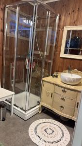 a bathroom with a shower and a sink at Hytte med Anneks og fantastisk utsikt på Ljøsheim in Mesnali
