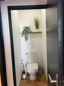 a bathroom with a toilet and a plant on a shelf at L'Original - Villa Courtais - Hypercentre in Montluçon +17 photos
