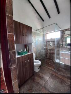Un baño con inodoro y ducha de cristal. en Casa Naturhola, en Villa de Leyva 59 fotos más