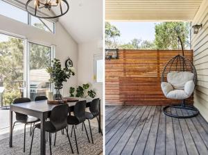 Una cocina y un comedor con mesa y sillas. en Roxy on Church, en Hepburn Springs