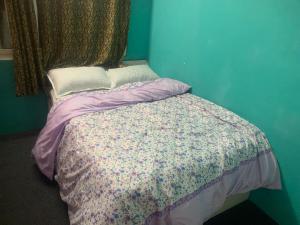 a bed in a room with a blue wall at Swoyambhu Home Stay in Kathmandu