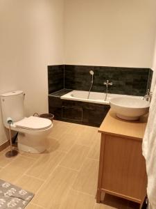 a bathroom with a tub and a toilet and a sink at Au Coin Maison in Ruffec +23 photos