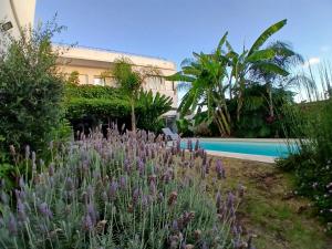 a garden with purple flowers next to a swimming pool at Montevideo Del Parque in Montevideo