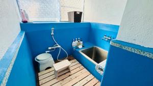 a blue bathroom with a toilet and a sink at Full House-貸切-電車成田空港30分 in Inzai