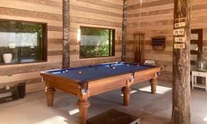 a pool table in a room with wooden walls at Kumewe Lodge & Cabañas in Panguipulli