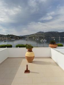 three potted plants on a balcony overlooking a harbor at Smalis Studios in Lakkíon
