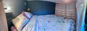 a bed in a bedroom with a blue wall at Tiny bohème in Dun +18 photos