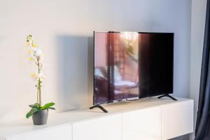 a flat screen tv sitting on a white cabinet with a plant at Mandarina 326 in San Miguel de Abona