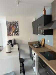 a kitchen with a sink and a washing machine at Chambre cosy in Aucamville
