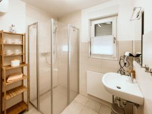 a bathroom with a shower and a sink at Ferienhaus Oberspreewald in Schwielochsee