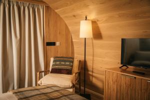 um quarto com uma cama, uma televisão e uma cadeira em Bracken Hide Hotel em Portree