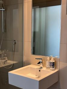 a bathroom with a sink and a shower and a mirror at Cosy one bedroom apartment in Windhoek +30 photos