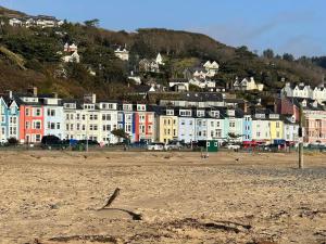 a beach with a group of houses on a hill at Robert's Cottage in Abergynolwyn
