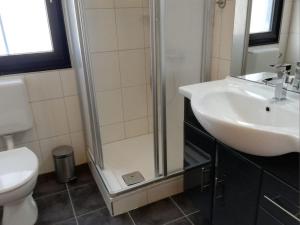 a bathroom with a sink and a shower at Ferienhaus Nr 57, Kategorie Königscard, Feriendorf Hochbergle, Allgäu in Bichel