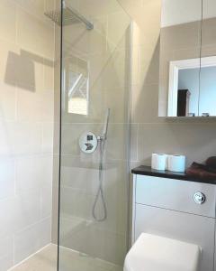 eine Dusche mit Glastür im Badezimmer in der Unterkunft Partridge Place at Tove Valley Cottages in Towcester