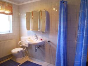 a bathroom with a sink and a toilet at Ferienwohnung Stoeterau - ebenerdige FeWo mit Sonnenterrasse in Erfde