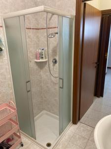 een douche met een glazen deur in een badkamer bij Appartamento Eleonora in Sirmione