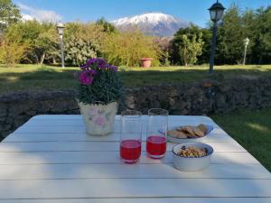 un tavolo da picnic con due bicchieri e una ciotola di cibo di Nero Etna a Bronte
