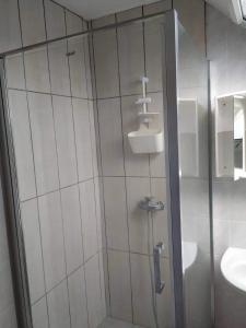 a shower with a glass door next to a sink at Gyöngy-ház Balaton, önálló nyaraló in Szőlősgyörök