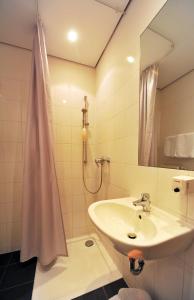 W łazience znajduje się umywalka i prysznic. w obiekcie Hôtel Galerie w mieście Greifswald