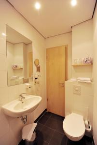 a bathroom with a sink and a toilet and a mirror at Hôtel Galerie in Greifswald